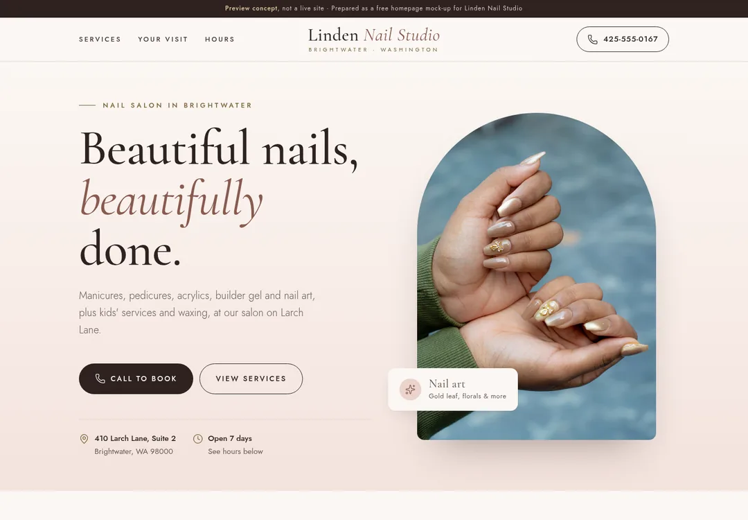 Concept homepage for a nail salon: soft ivory background, serif headline and an arched hand photo.