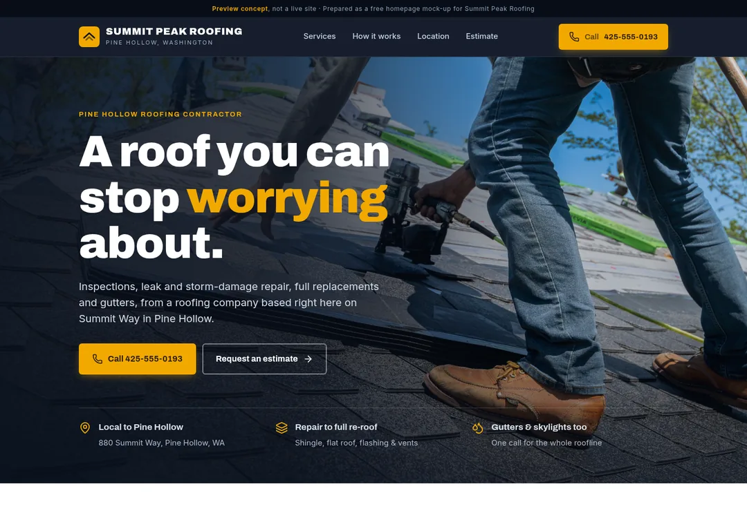 Concept homepage for a roofing company: navy and amber colors with a roofer at work.